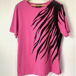 Vintage Bob Mackie Wearable Art Pink TShirt w/ Black Sequins Large